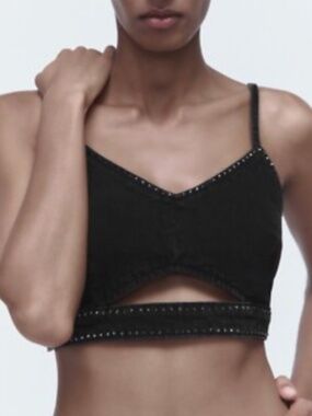 Zara black boho rhinestone denim crop top bralette NWT